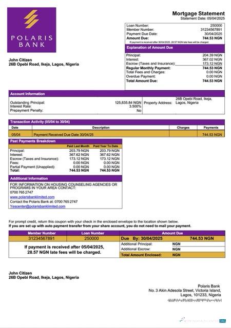 Download Nigeria Polaris Bank mortgage statement Word and PDF template Photoshop template